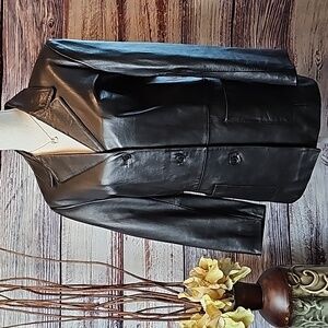 CASLON LADIES BLACK LINED BUTTON-UP LEATHER JACKET